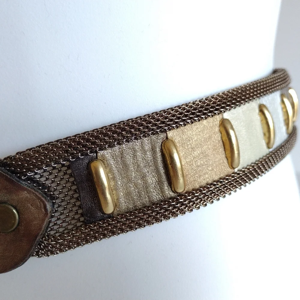 Sand Castle USA Metallic Leathers Solid Brass Buckle Mesh Belt Vintage